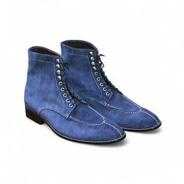Front angle of blue suede split toe boots