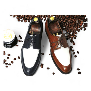 Handmade Black and White Leather Derby Lace-Up Shoes for Men