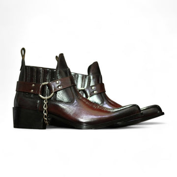 Handmade Genuine Cow-Hide Leather Cowboy Buckle Boots For Men, Ankle High Chain Boots For Men's