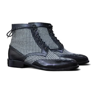 Handmade Genuine Cow-Hide Leather & Tweed Wing Tip Brogue Lace Up Boots