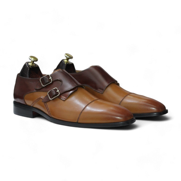 Handmade Double Monk Cap Toe Leather Shoes in Tan Brown for Men - Available in USA Sizes 5 to 15 - Premium Leather, Double Monk Strap