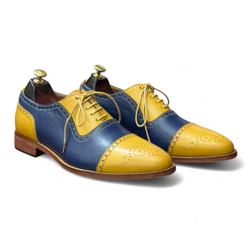 Men's Handmade Yellow & Blue Cap Toe Oxfords – Premium Leather Shoes for Formal and Business Wear