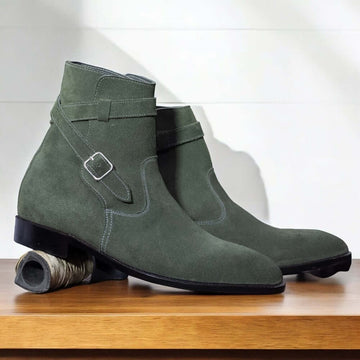Handmade Men Green Suede Jodhpur's Leather Boots, Buckle Strap Jodhpur Boots