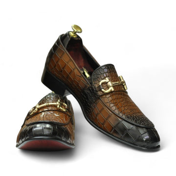 New Handmade Alligator Textured Genuine Cow - Hide Leather Buckle Loafers For Men, Dress Formal Slip On Shoes Mens - Posh Footwear