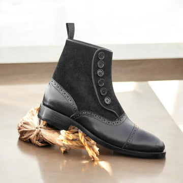 Men's Black Leather Suede Button Boots