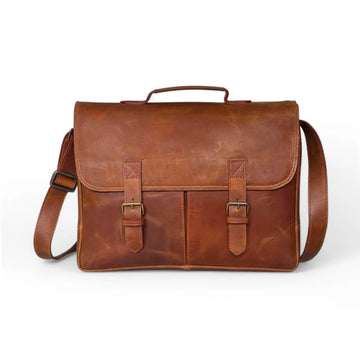 fornt view brown Leather Double Pocket Messenger bag front side