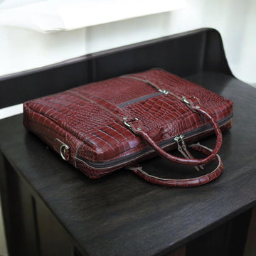 Top View – Overhead look at zippered or magnetic flap opening with leather grain detail.