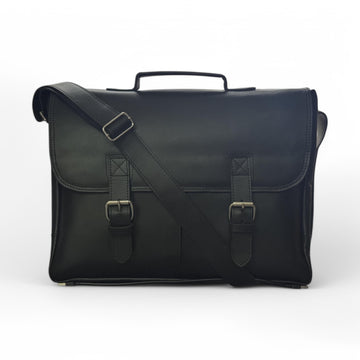 Front View – Full-grain leather messenger bag with buckle-strap front flap in vintage brown.