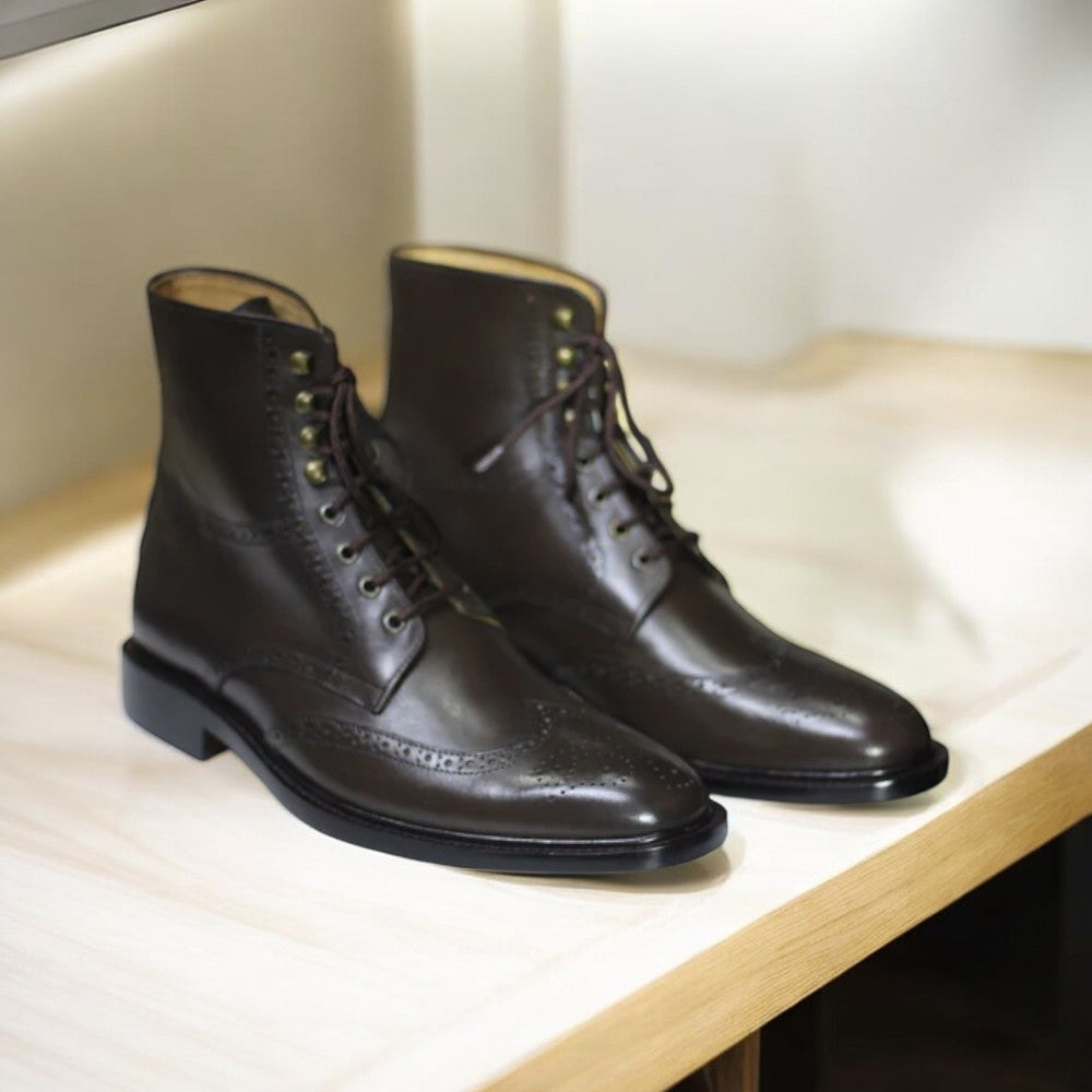 Men's Ankle High Handmade Brown Leather Boot featuring premium leather and a durable sole.
