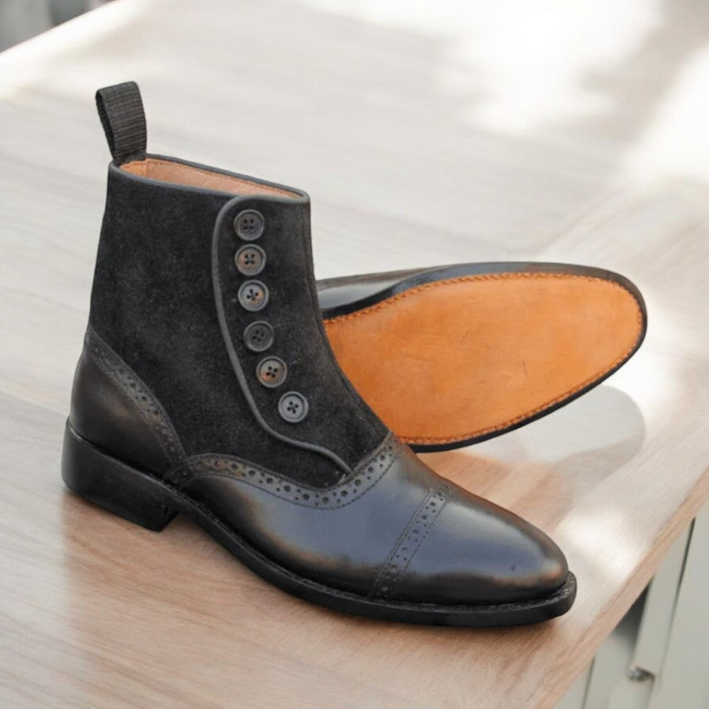 Men's Black Leather Suede Button Boots