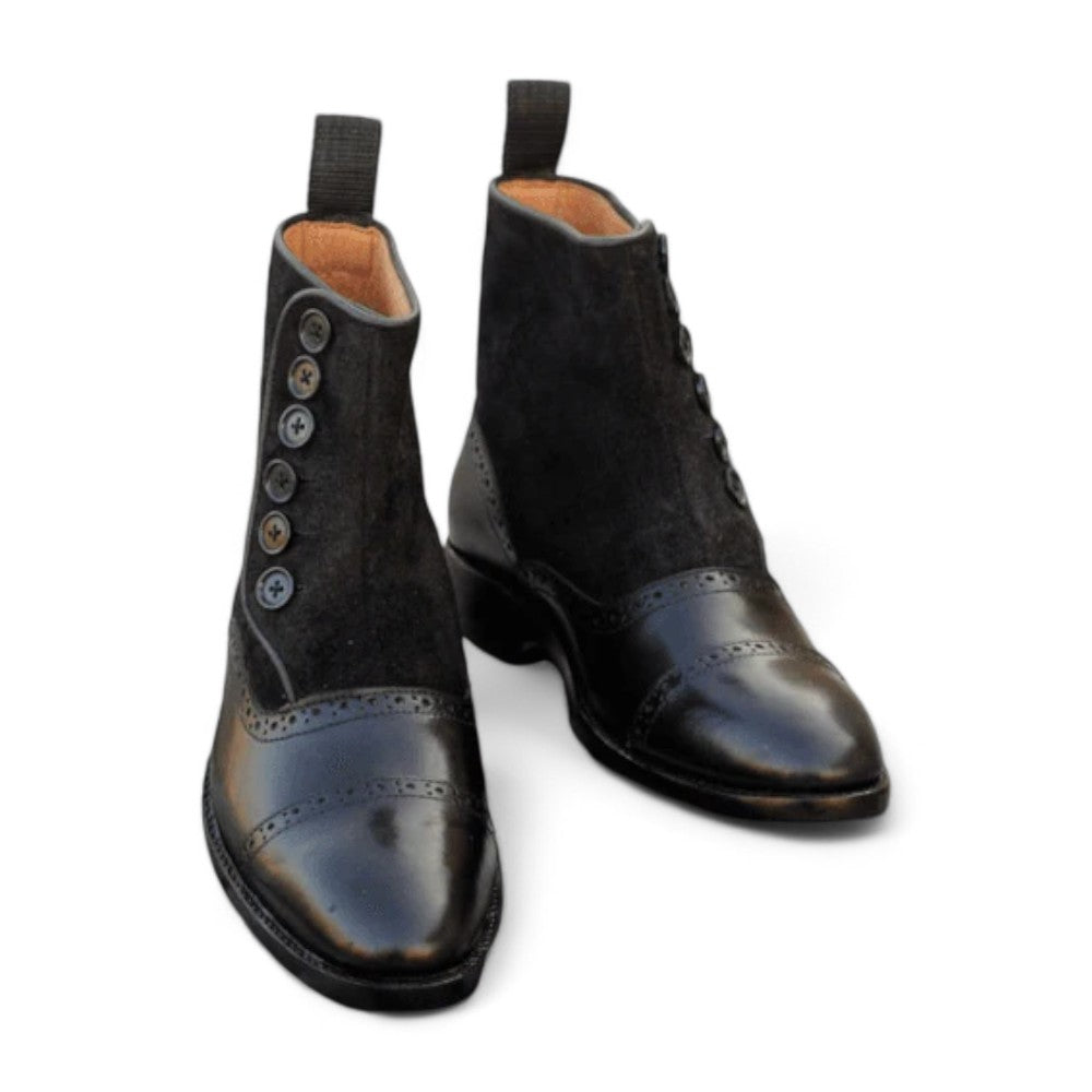 Men's Black Leather Suede Button Boots