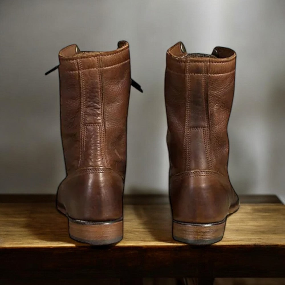 Men's Brown Leather Ankle Boots - Military Combat Boots with Heavy Duty Soles - Army Marching Style