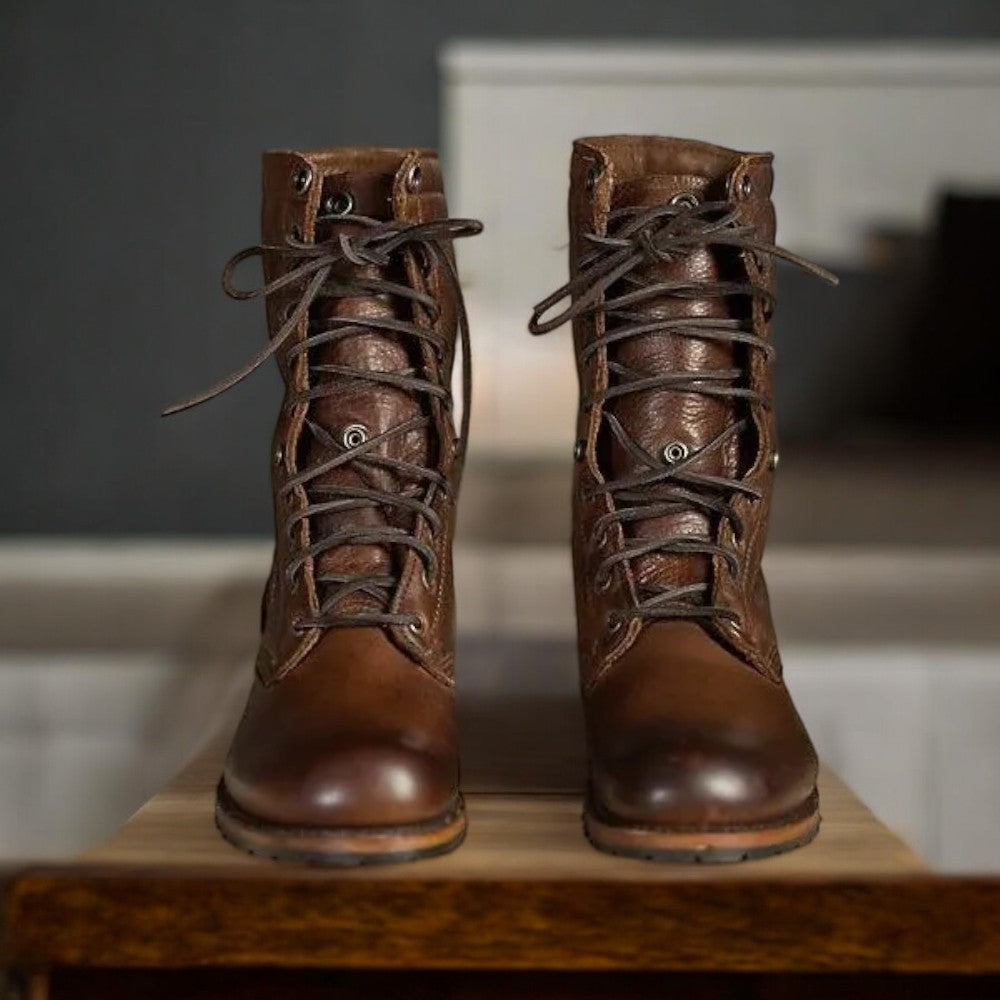 Men's Brown Leather Ankle Boots - Military Combat Boots with Heavy Duty Soles - Army Marching Style