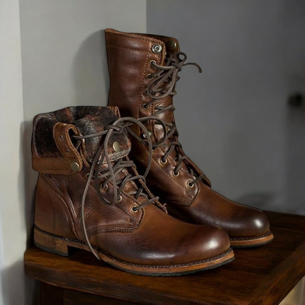 Men's Brown Leather Ankle Boots - Military Combat Boots with Heavy Duty Soles - Army Marching Style