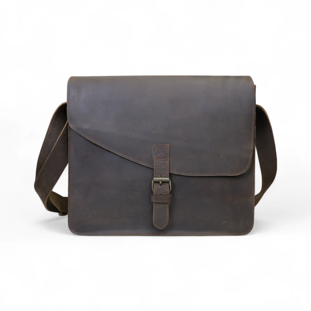 Front View – Adam Messenger Bag with Buckle Closure in Brown Leather

