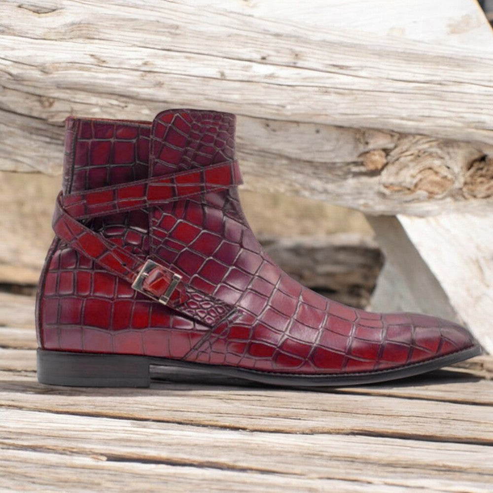 Handmade Red Alligator Leather Ankle Boots – Stylish & Versatile Design