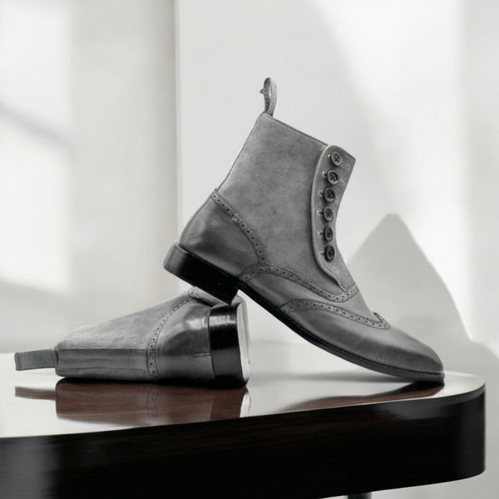 Ankle High Grey Button Boots for Men, Handcrafted Leather Footwear