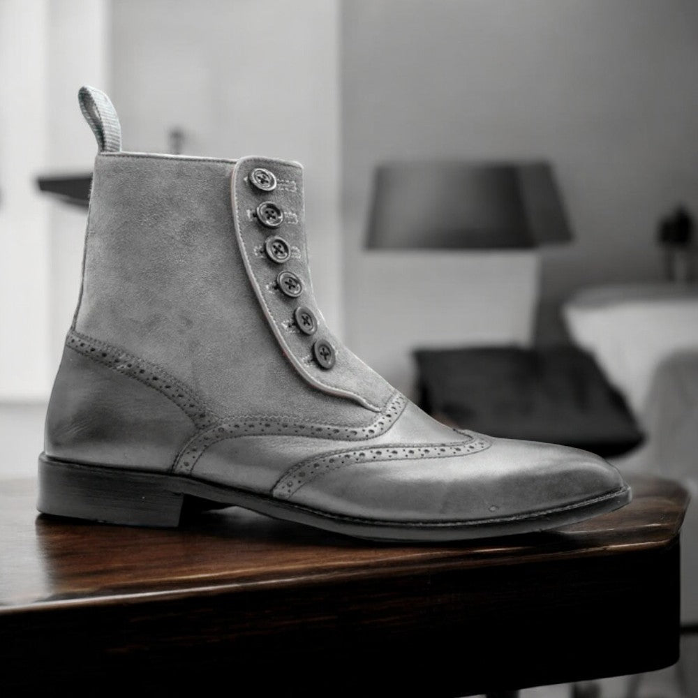 Ankle High Grey Button Boots for Men, Handcrafted Leather Footwear