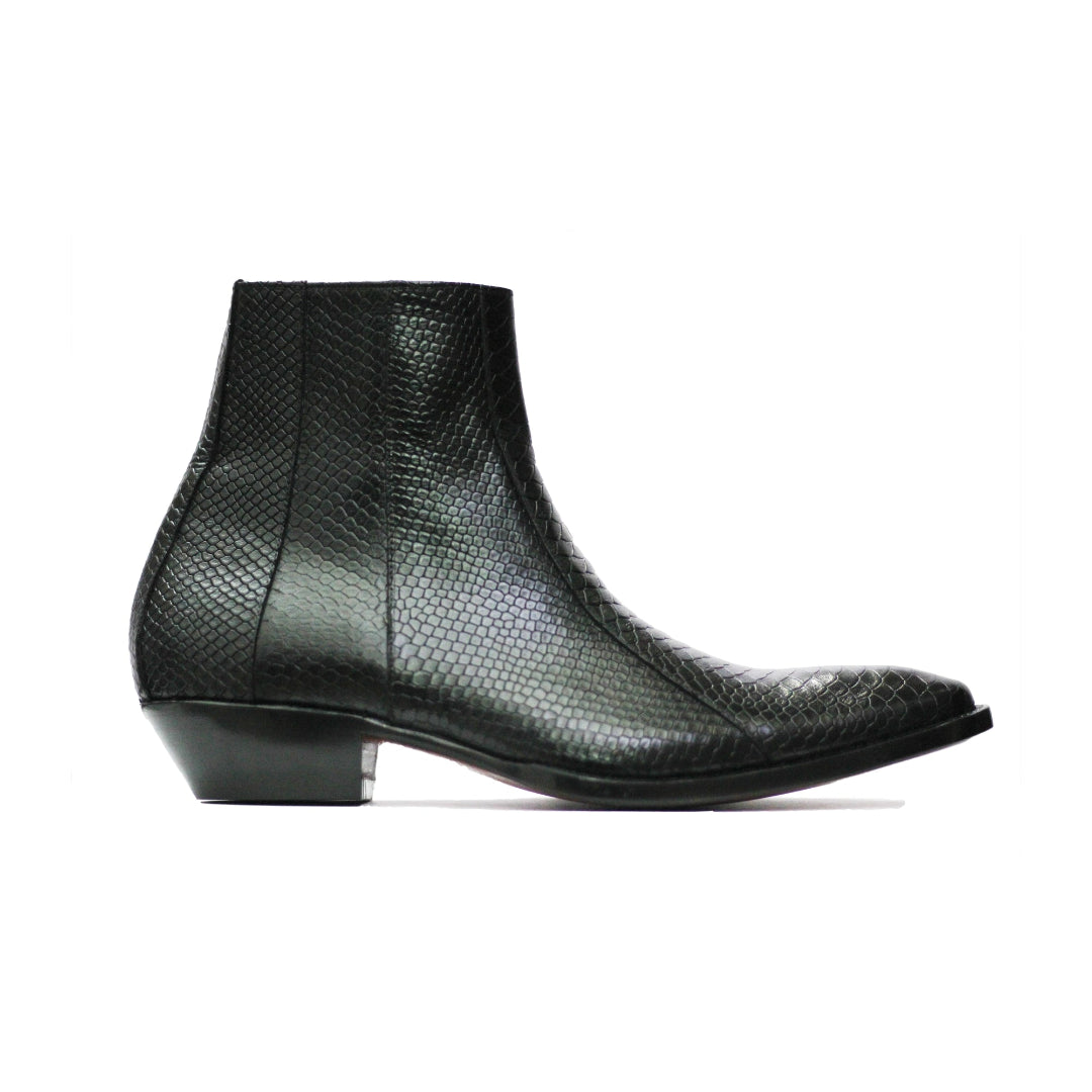 Black textured ankle boot on a white background