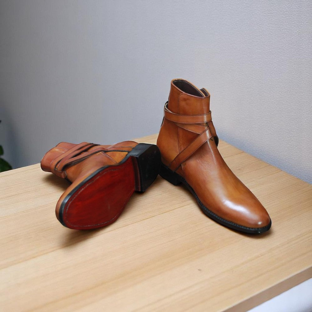 Men’s Brown Leather Jodhpur Boot – Front Angle with Buckle Strap Detail