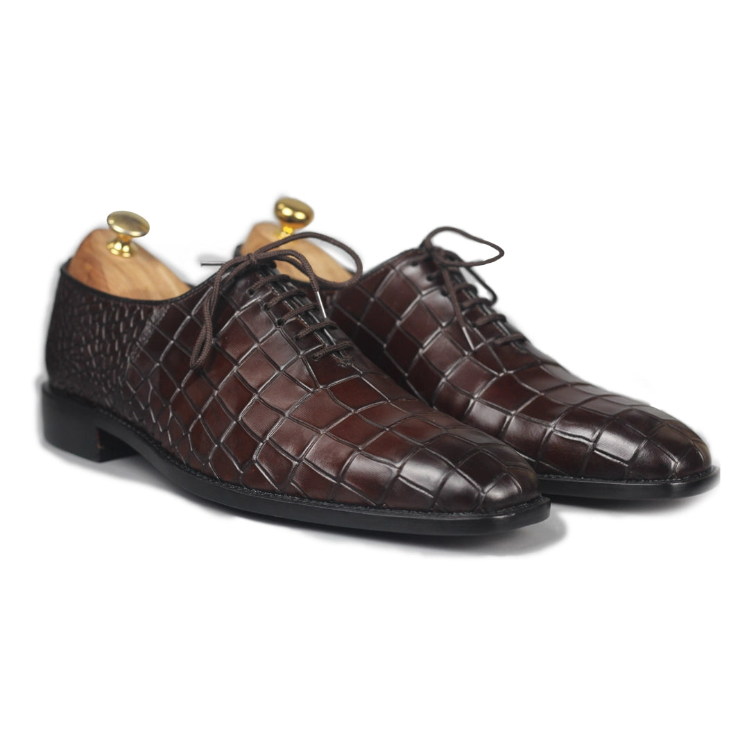 Handmade Men's Alligator Dress Shoes Leather Whole Cut Lace Up Dress Shoes, Alligator Texture Shoes - Posh Footwears Shoes