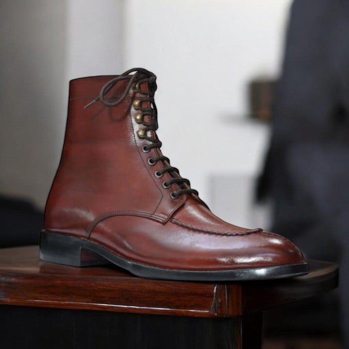 New Burgundy Handmade Designer Ankle Boots - Split Toe Lace-Up Style