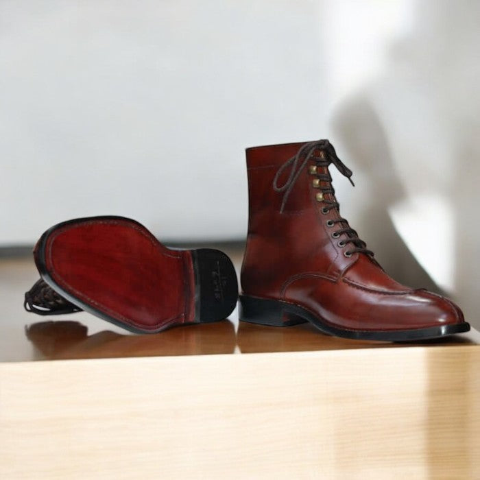 New Burgundy Handmade Designer Ankle Boots - Split Toe Lace-Up Style