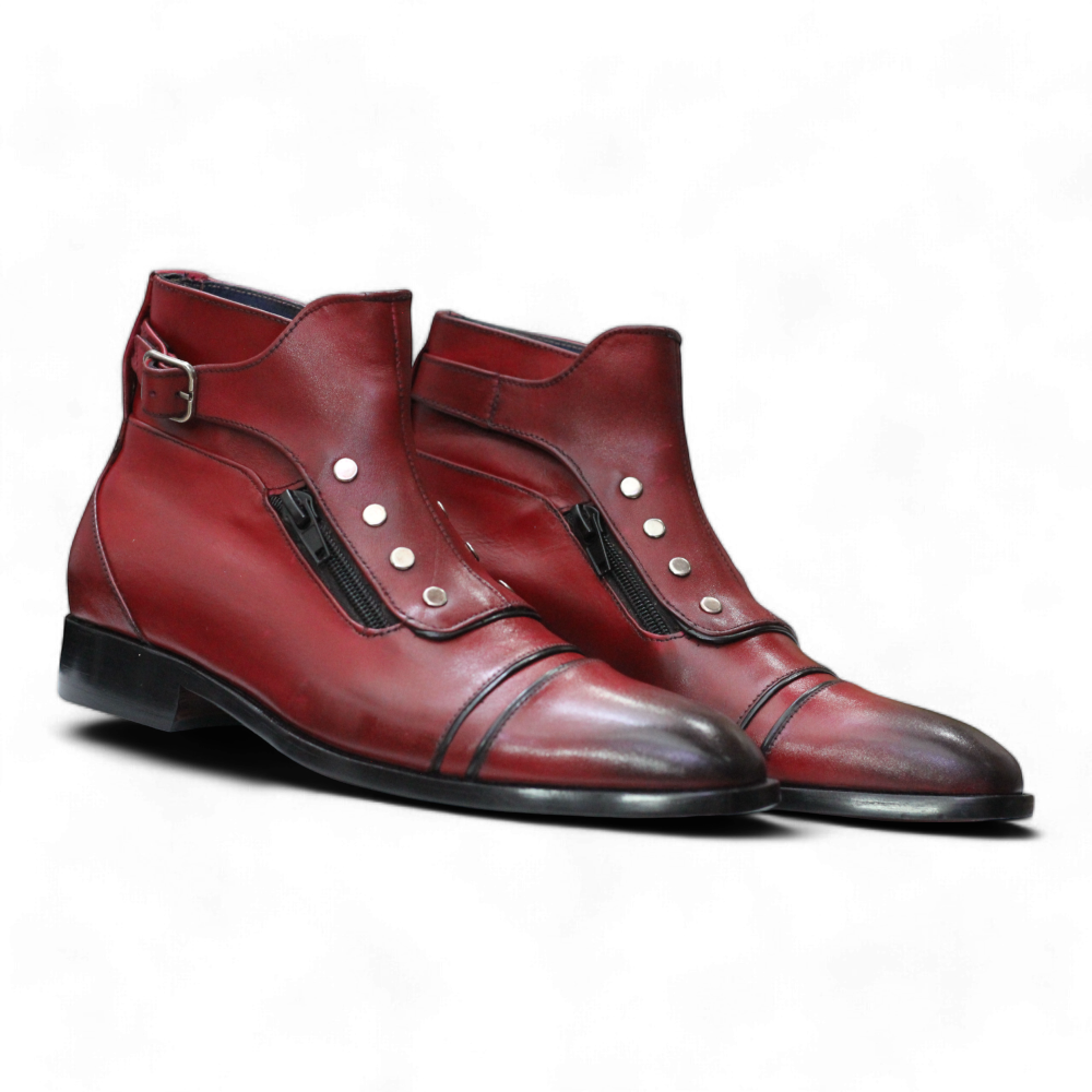 Bold Red Boots with Zipper and Buckle Design for the Modern Man