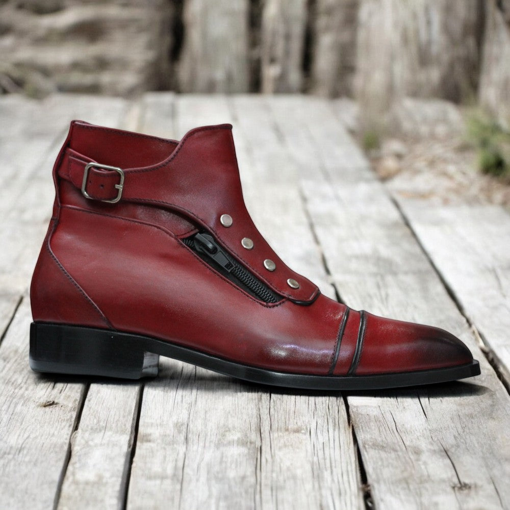 Bold Red Boots with Zipper and Buckle Design for the Modern Man