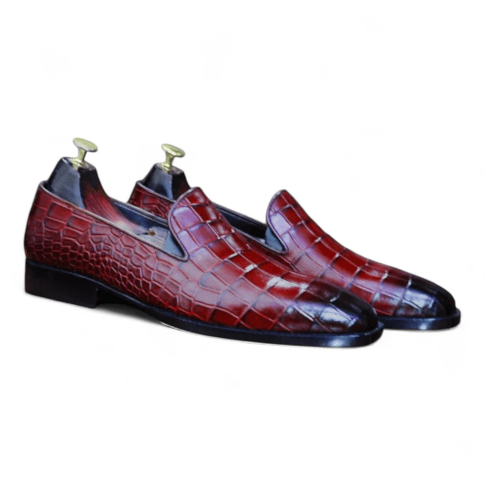 Handmade Red Alligator Texture Slip On Loafer Shoes