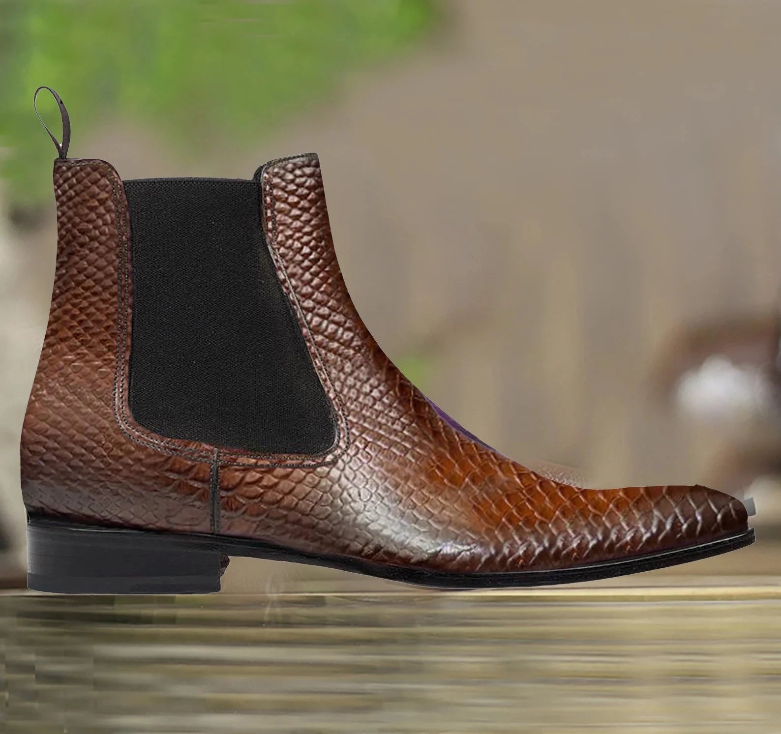 Men's handmade python textured leather Chelsea boots, slip-on, available in custom colors and USA sizes 5 to 15, with leather sole and lining