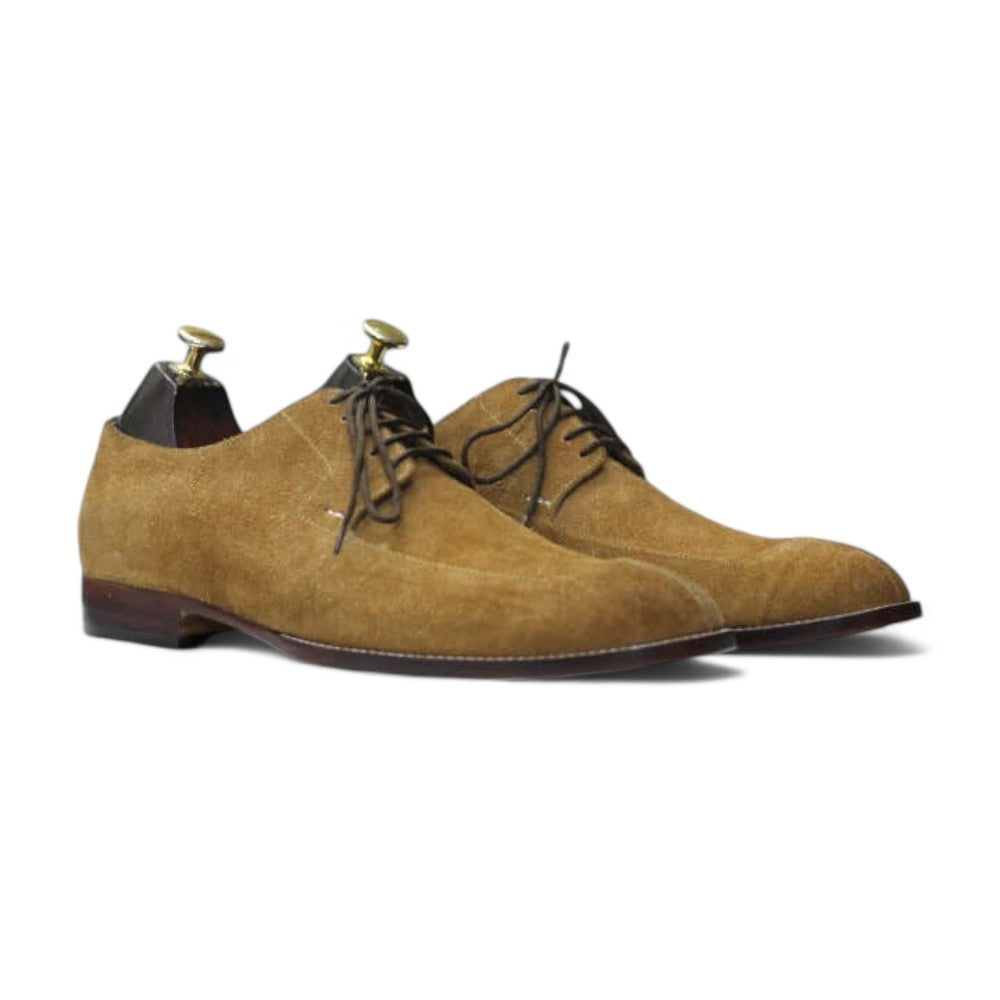Derby Split Toe Camel Suede, New Handmade Men Designer Shoe - Posh Footwear