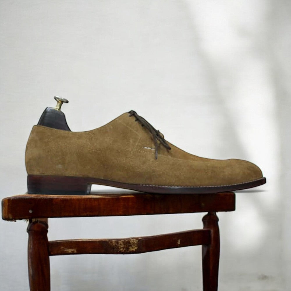 Derby Split Toe Camel Suede, New Handmade Men Designer Shoe - Posh Footwear