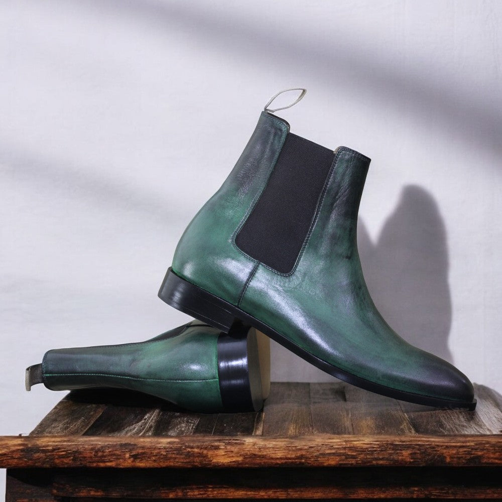 Handcrafted Green Suede Chelsea Boots with elastic side panels and durable sole by Posh Footwear