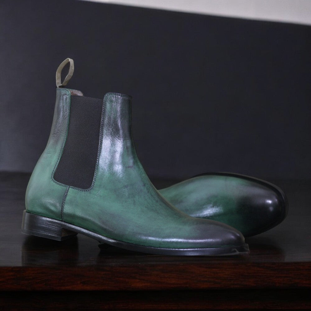 Handcrafted Green Suede Chelsea Boots with elastic side panels and durable sole by Posh Footwear