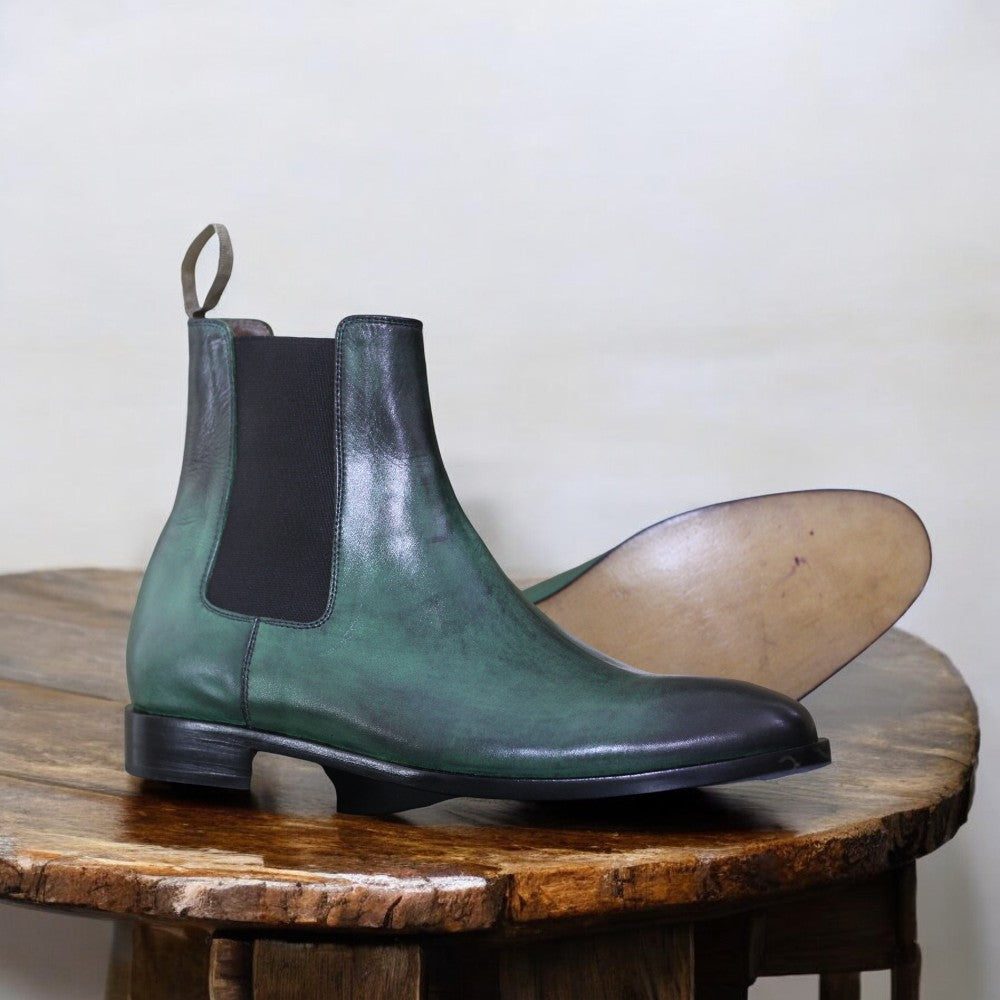 Handcrafted Green Suede Chelsea Boots with elastic side panels and durable sole by Posh Footwear