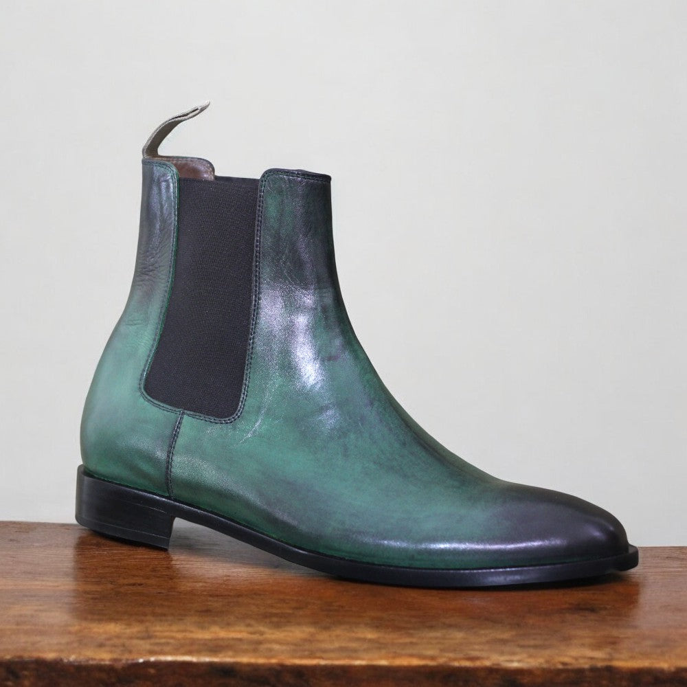 Handcrafted Green Suede Chelsea Boots with elastic side panels and durable sole by Posh Footwear