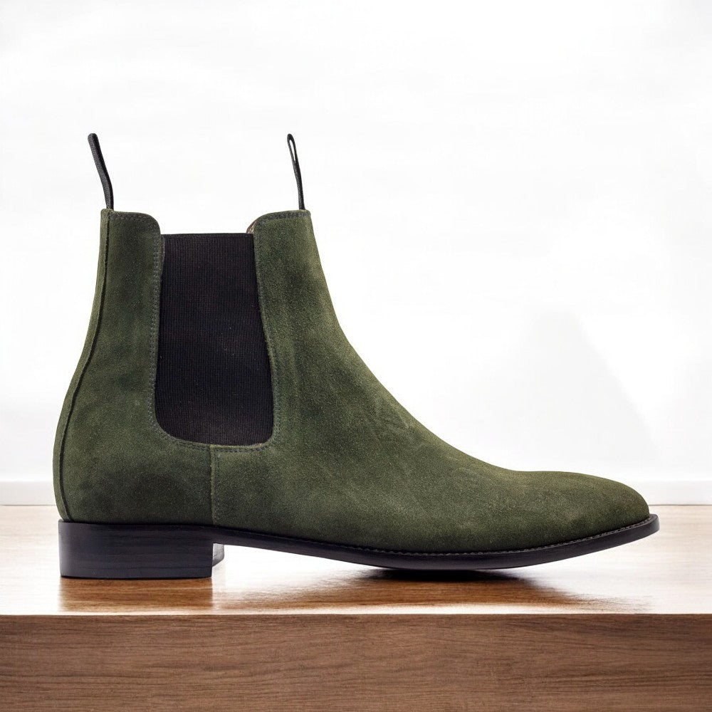 Handcrafted Green Suede Chelsea Boots with elastic side panels and durable sole by Posh foot wears