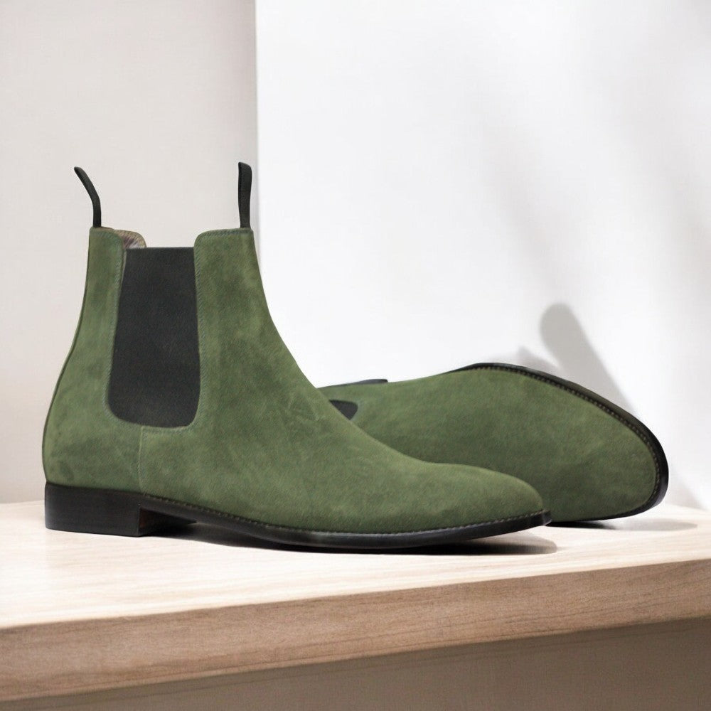 Handcrafted Green Suede Chelsea Boots with elastic side panels and durable sole by Posh foot wears