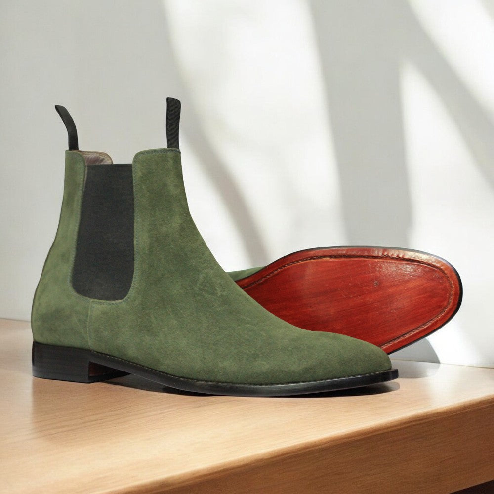 Handcrafted Green Suede Chelsea Boots with elastic side panels and durable sole by Posh foot wears