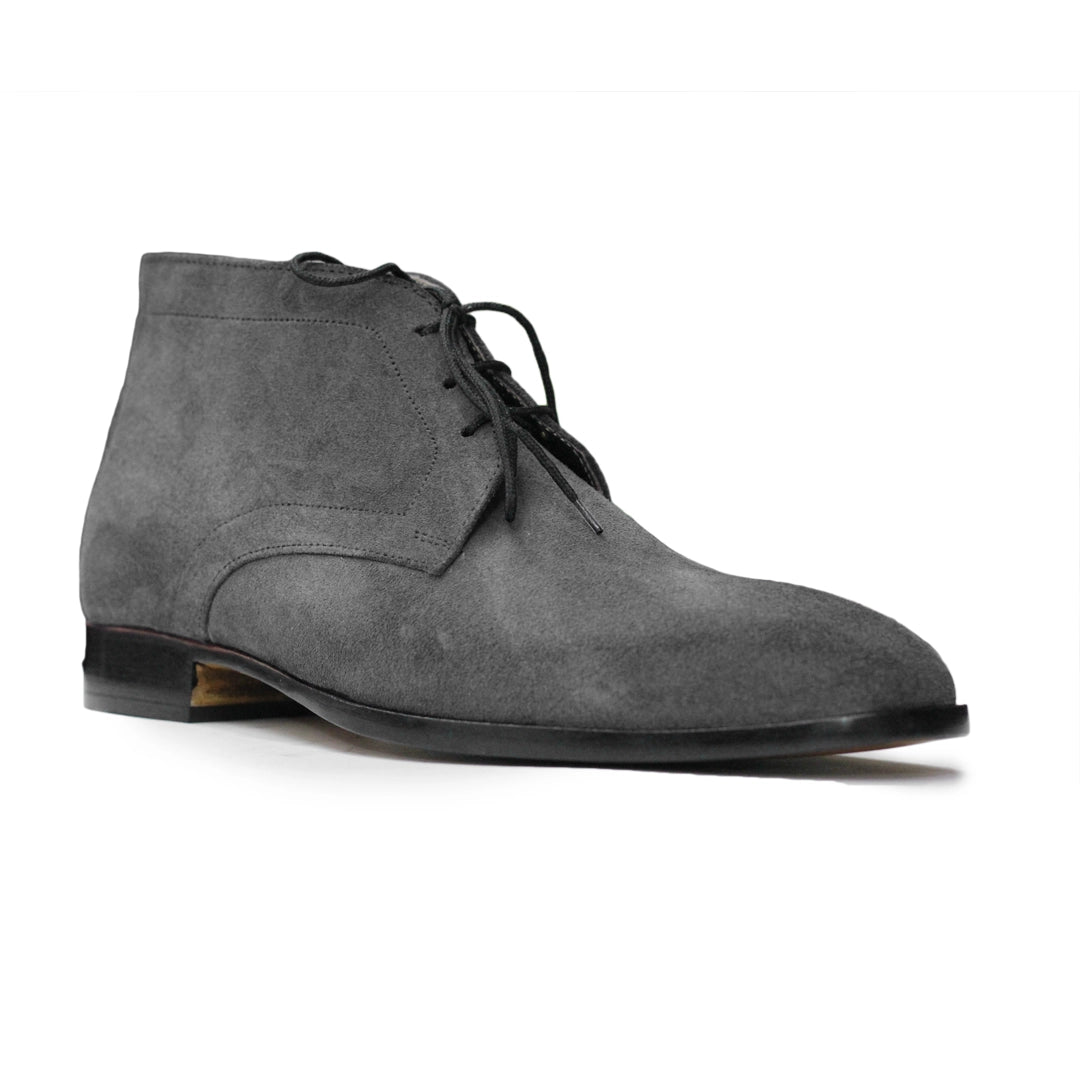 Top View – Top angle of Handmade Men’s Gray Suede Chukka Boots showcasing premium craftsmanship, cushioned insole, and soft leather lining.