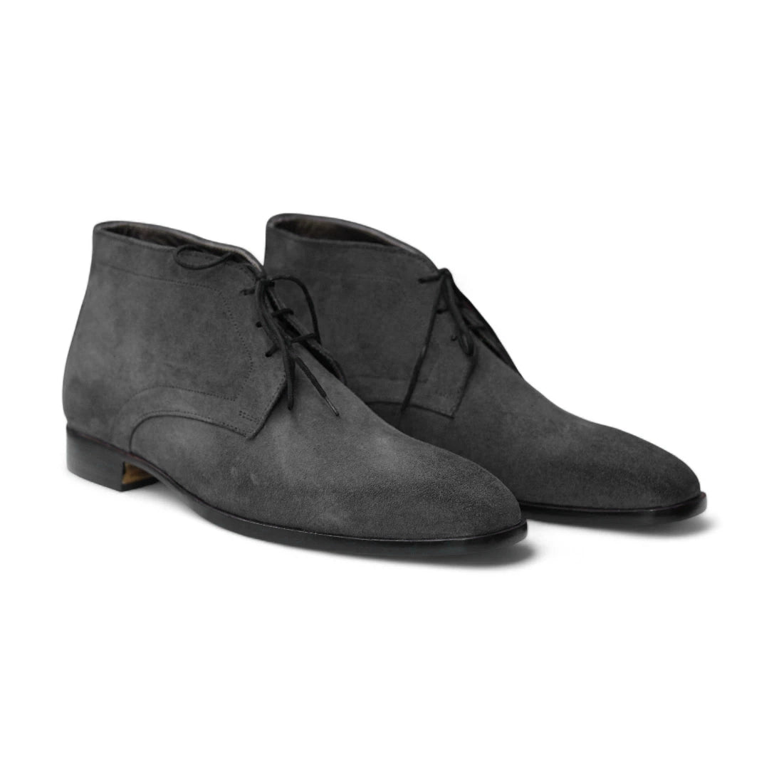 Front View – Handmade Men’s Gray Suede Chukka Boots, featuring premium suede leather and a classic lace-up design for a sophisticated, casual look.