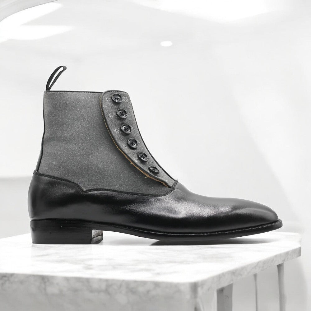 Men Handmade Black Grey Button Boots – Timeless Elegance & Comfort