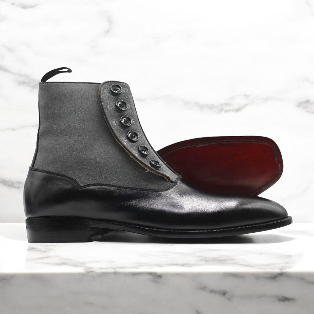 Men Handmade Black Grey Button Boots – Timeless Elegance & Comfort