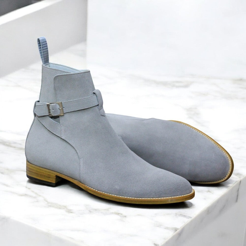 Handmade Jodhpur Boots in grey suede for men with a buckle strap and long boot design