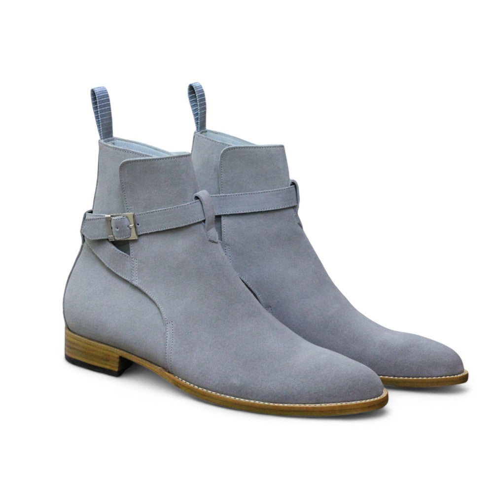 Handmade Jodhpur Boots in grey suede for men with a buckle strap and long boot design