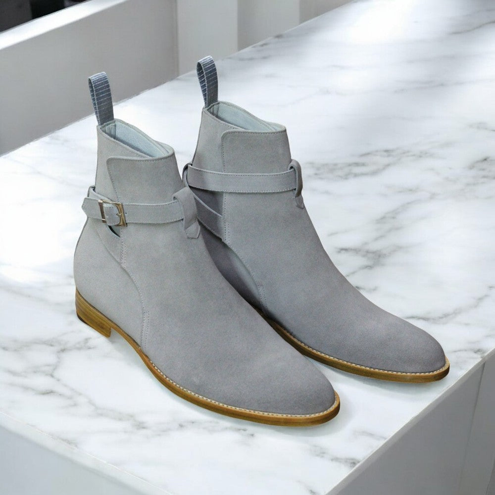 Handmade Jodhpur Boots in grey suede for men with a buckle strap and long boot design