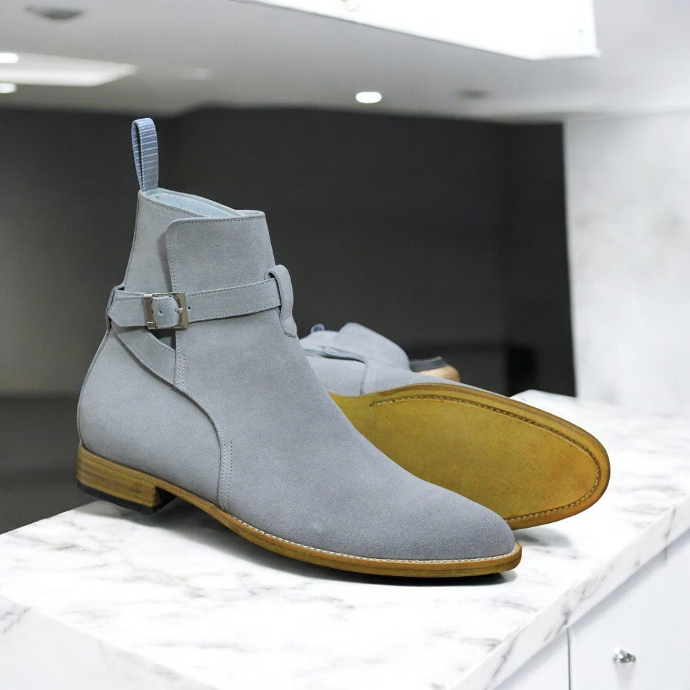 Handmade Jodhpur Boots in grey suede for men with a buckle strap and long boot design