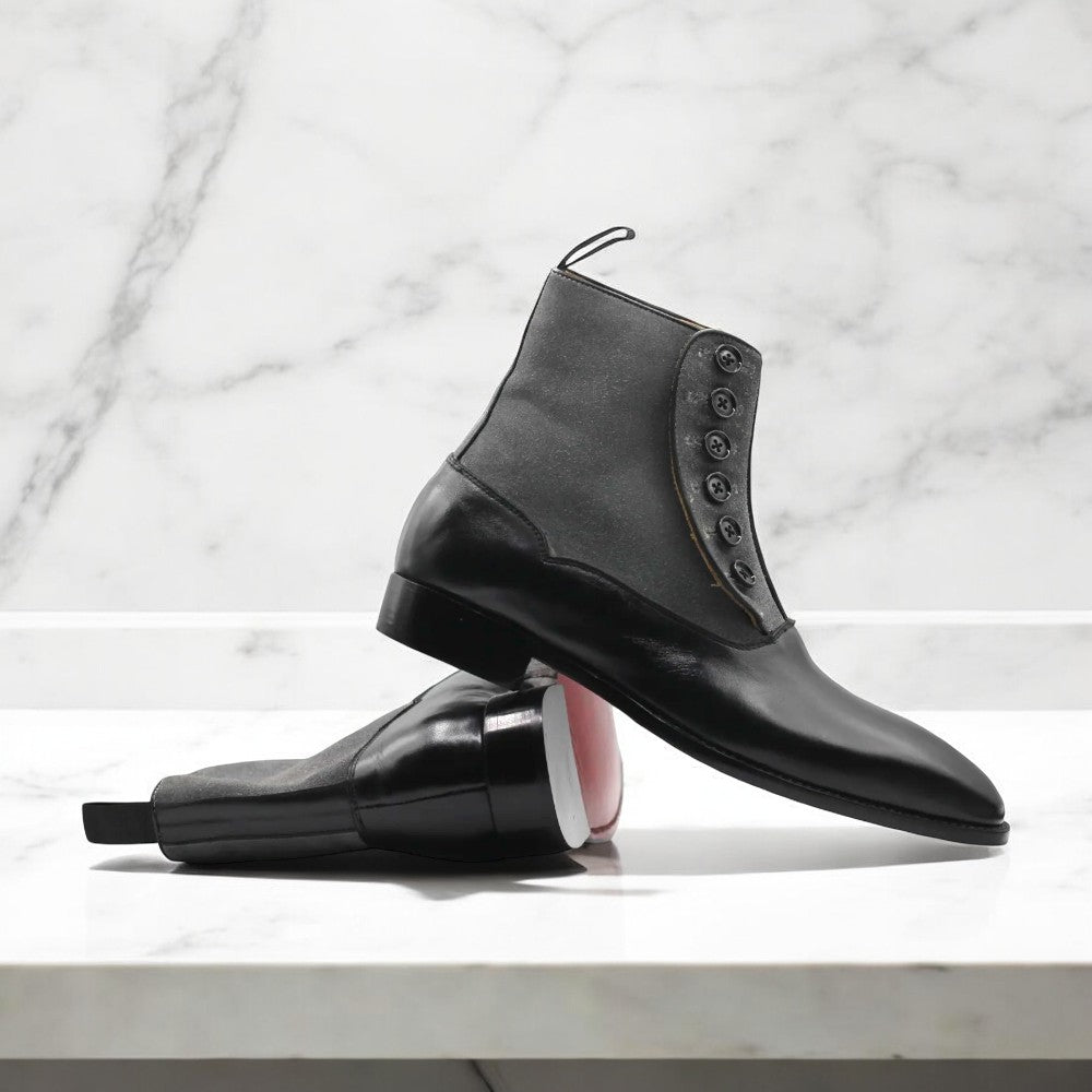 Men Handmade Black Grey Button Boots – Timeless Elegance & Comfort