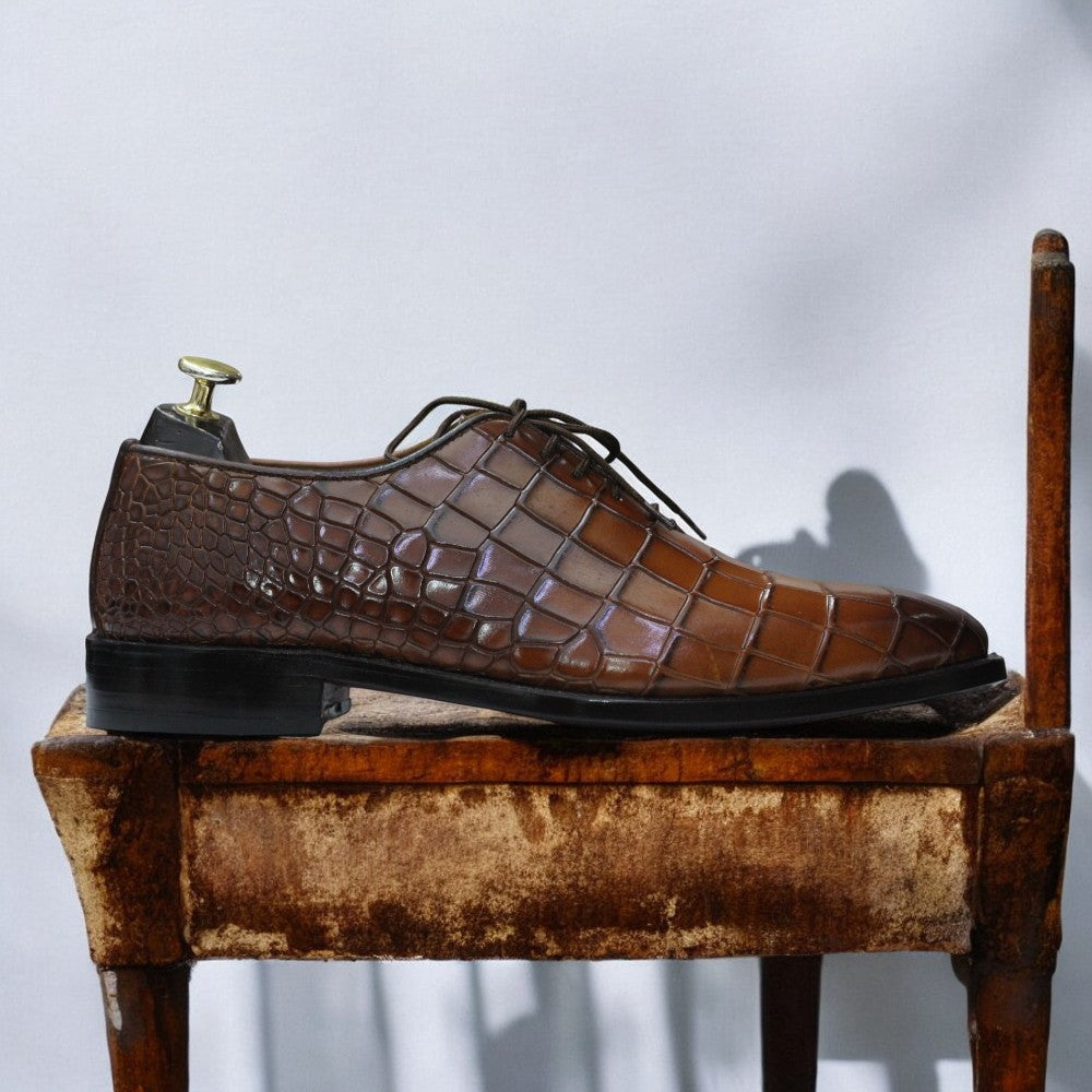 100% Handmade Goodyear Welted Alligator Print Whole Cut Leather Shoes For Men's - Posh Footwear